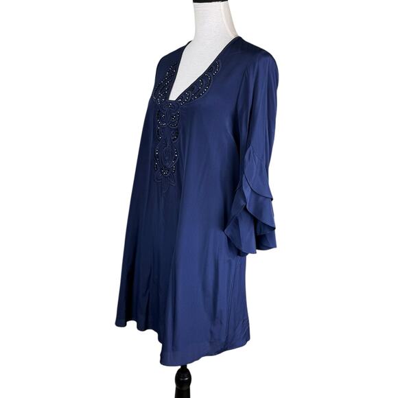 Lilly Pulitzer Tatiana Navy Sequin Silk Blend Long Bell Sleeve Mini Tunic Dress - Picture 5 of 13